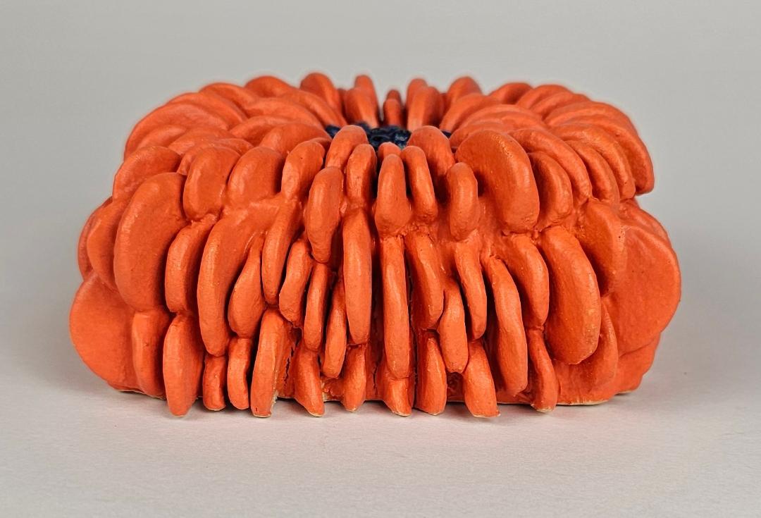 Ceramic Art Wall Sculpture Bright Orange Flower, Blue and Black accent