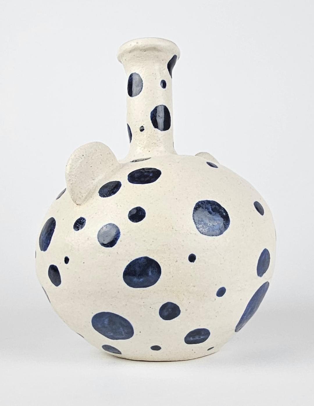 Ceramic Art, Pottery-Polka Dot white and blue pot with handles 