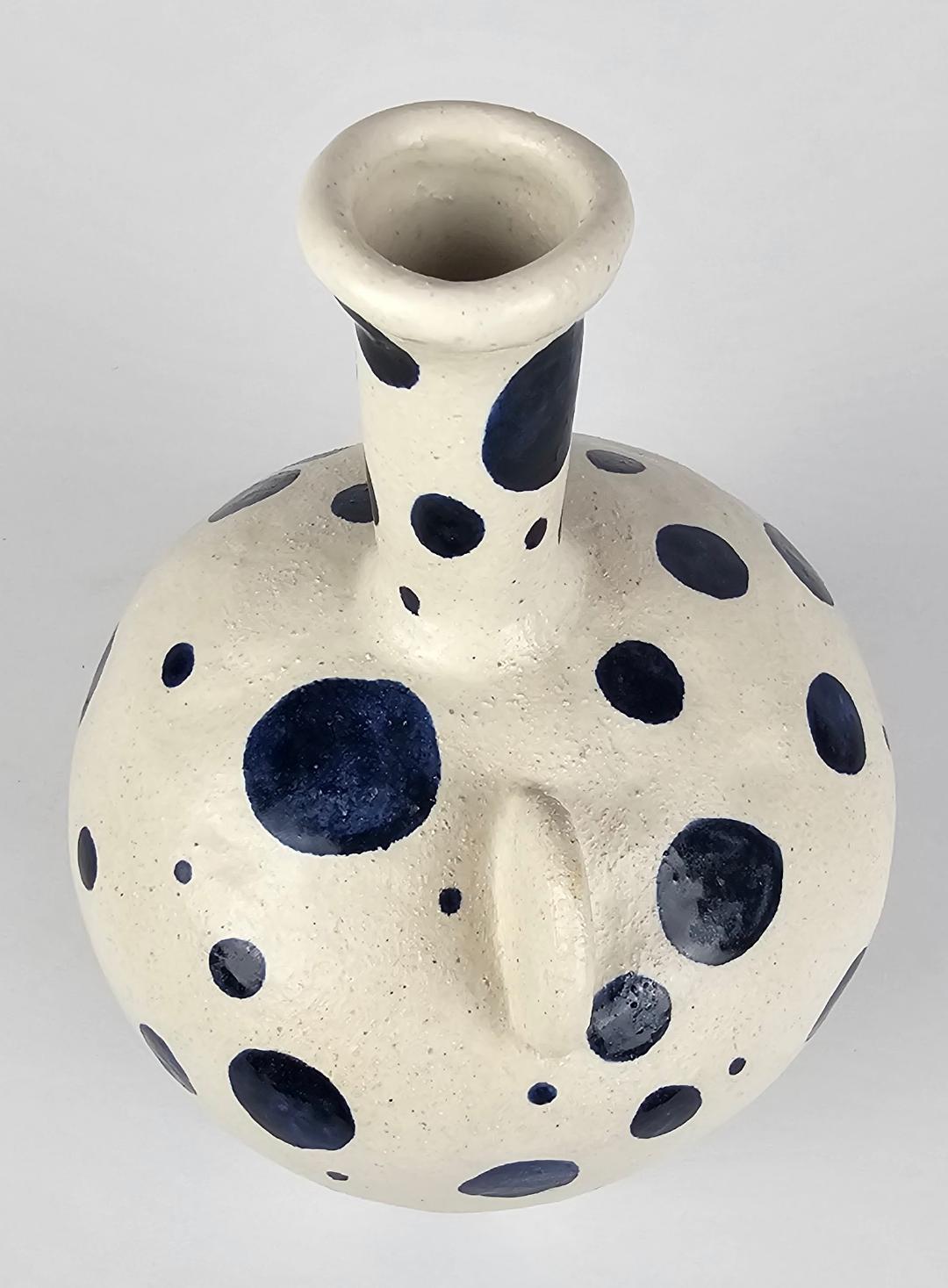 Ceramic Art, Pottery-Polka Dot white and blue pot with handles 