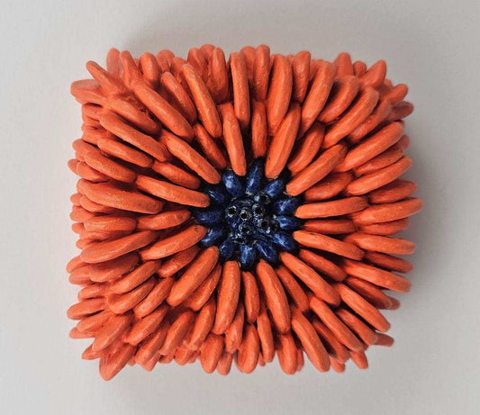 Ceramic Art Wall Sculpture Bright Orange Flower, Blue and Black accent