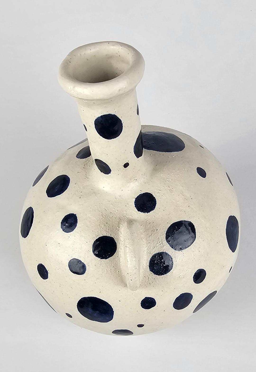 Ceramic Art, Pottery-Polka Dot white and blue pot with handles 