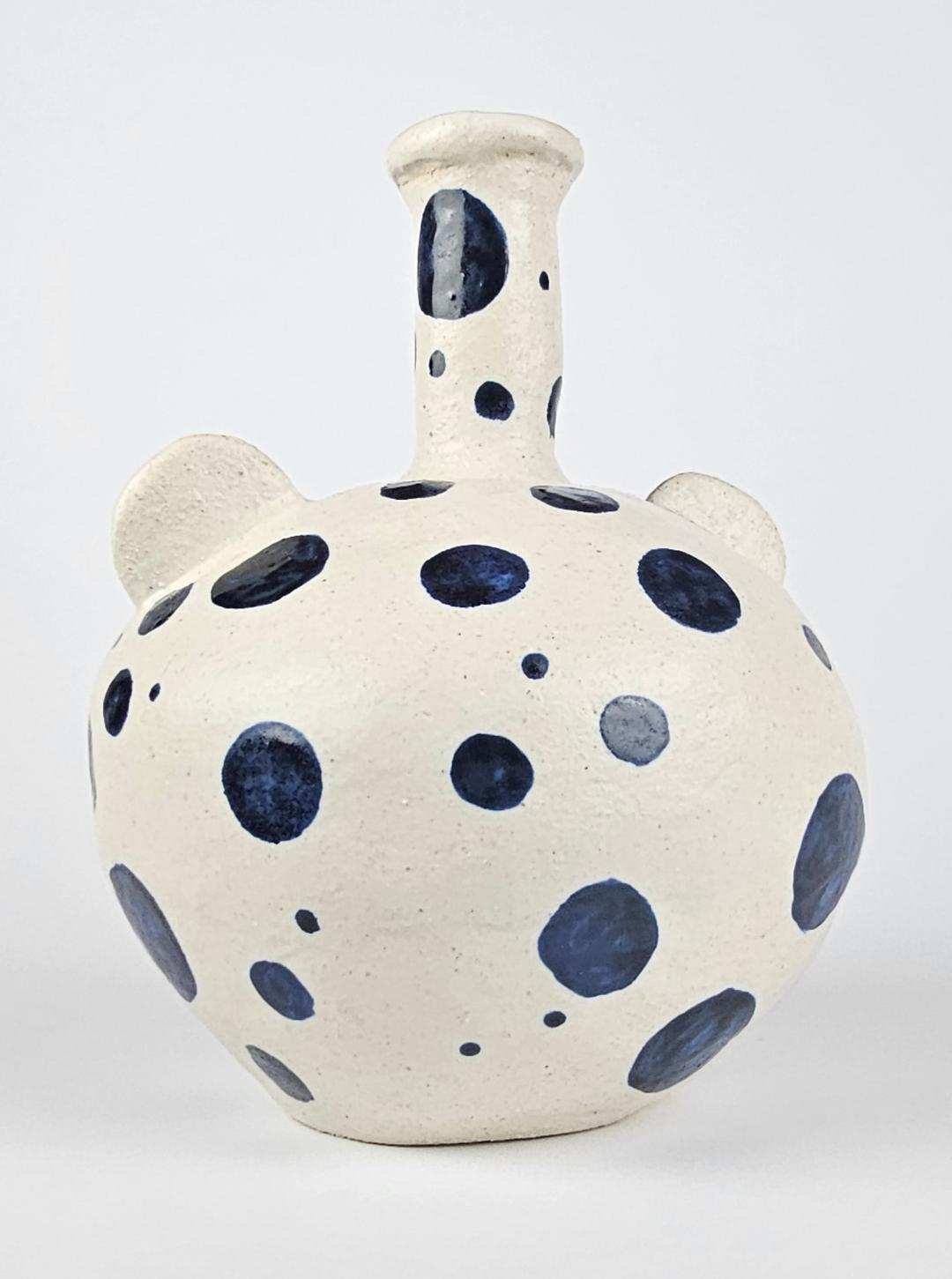 Ceramic Art, Pottery-Polka Dot white and blue pot with handles 